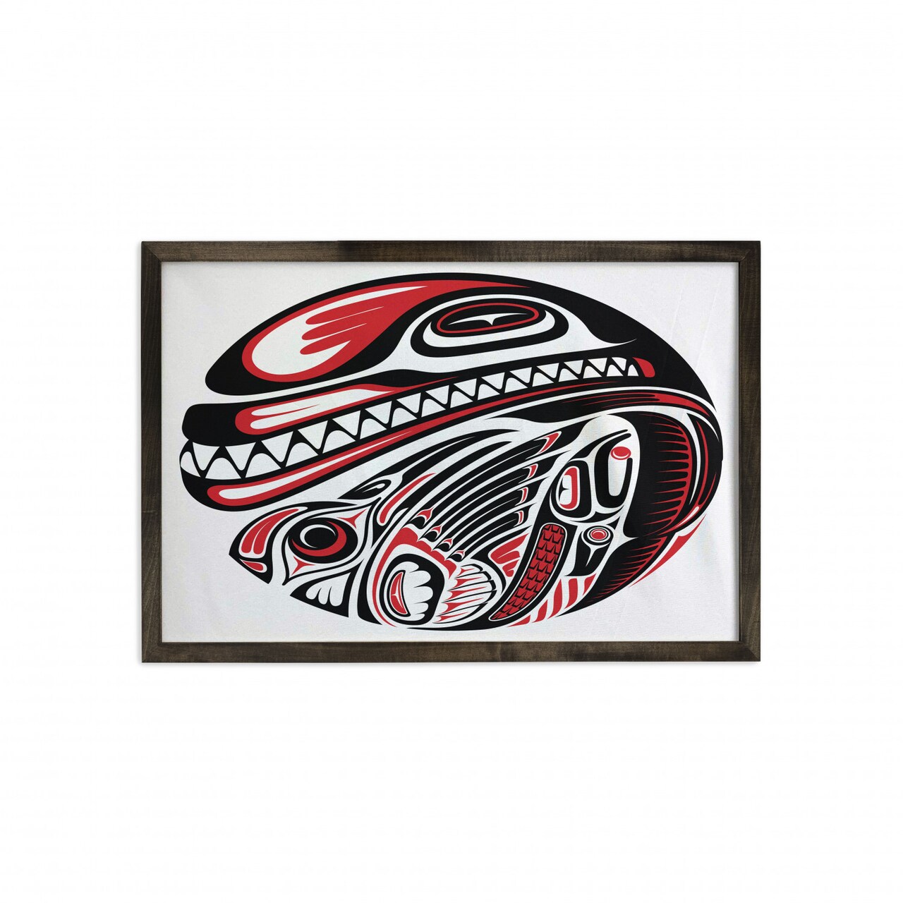 Ambesonne Tribal Framed Wall Art, Haida Style Animal Art Wild Eagle and Killer Dog Sharp Teeth Print, Fabric Poster with Carbonized Tone Wood Frame Home Decor, 35&#x22; x 23&#x22;, White Red Black